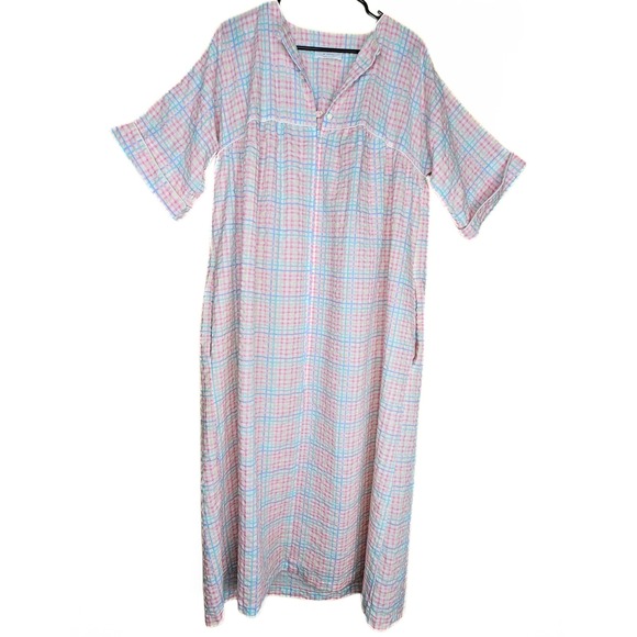 Vintage Miss Elaine At Home Plaid Lounge Caftan Dress Housecoat Made in USA - Picture 1 of 8